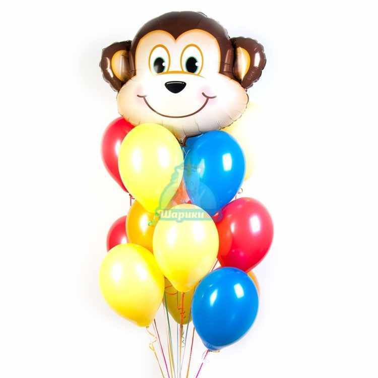 Композиция разноцветных шариков с обезьянкой