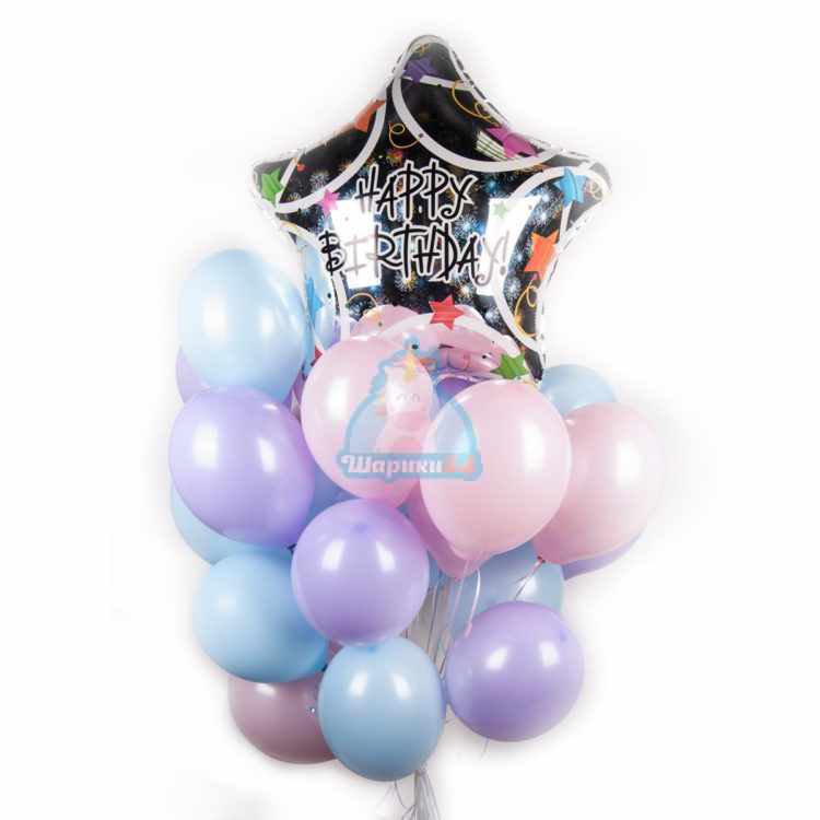 Композиция из воздушных шариков нежных цветов на день рождения с большой звездой Happy Birthday!