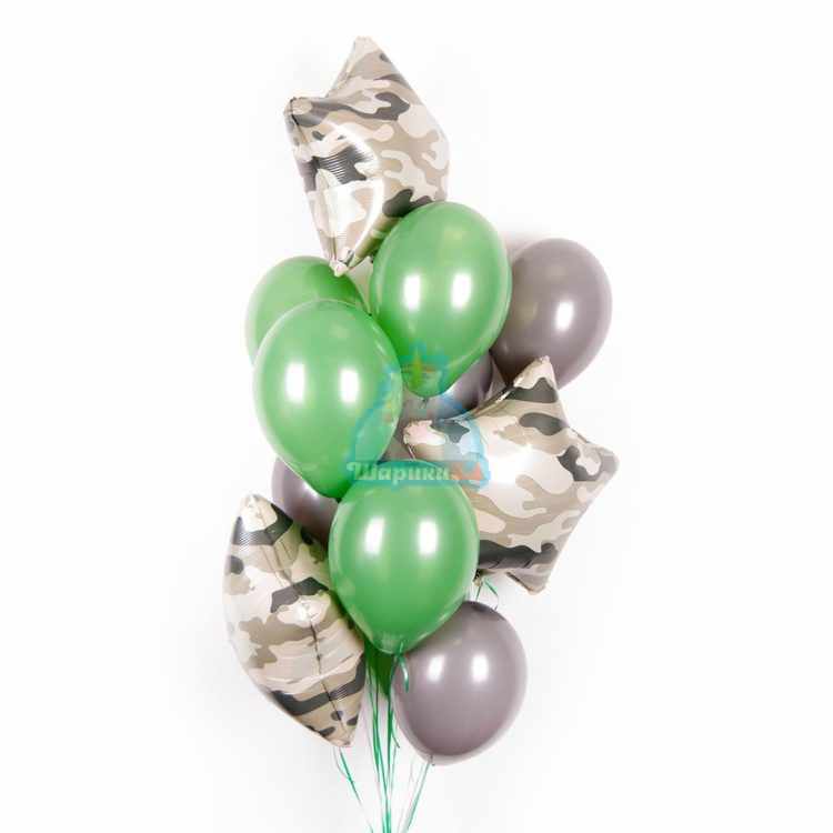 Композиция из серых и зеленые шариков со звездами хаки