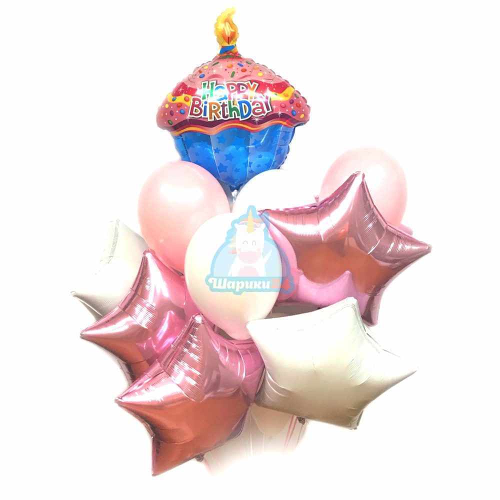 Композиция воздушных шаров с кексиком и звездами на день рождения