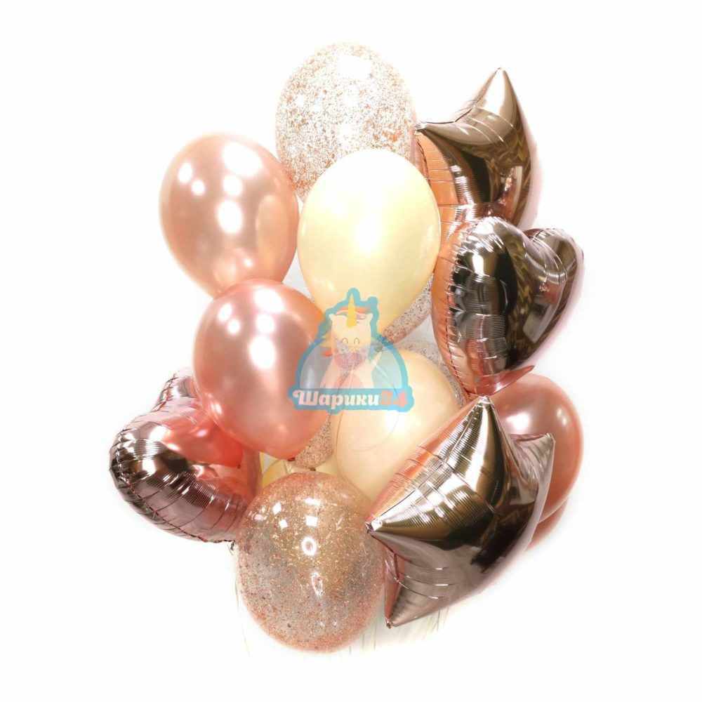 Композиция из воздушных шаров розовое золото со звездами и сердцами на 8 марта