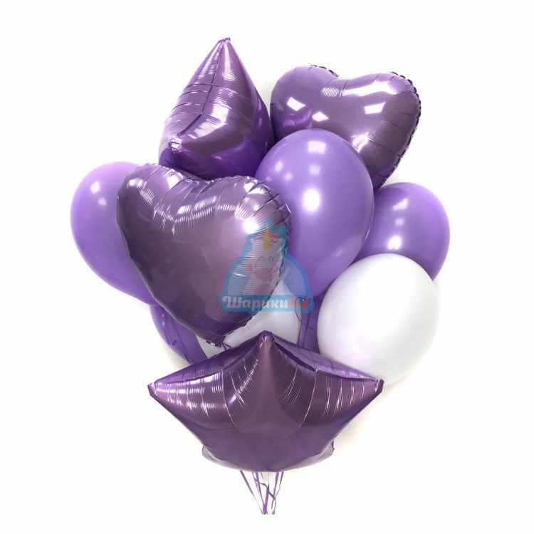 Композиция бело-фиолетовых шаров с сердцами и звездами