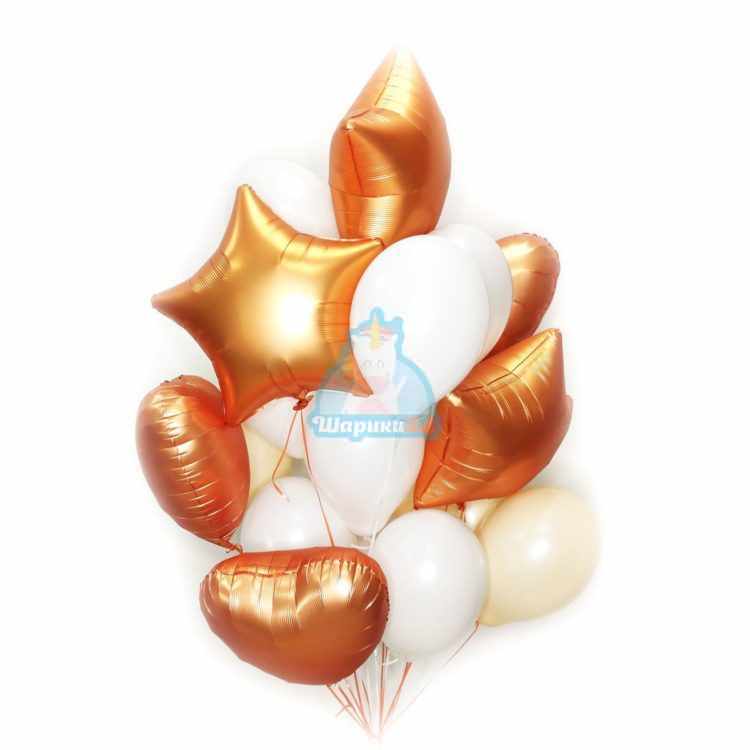 Композиция из бело-персиковых воздушных шаров с сатиновыми звездами и сердцами