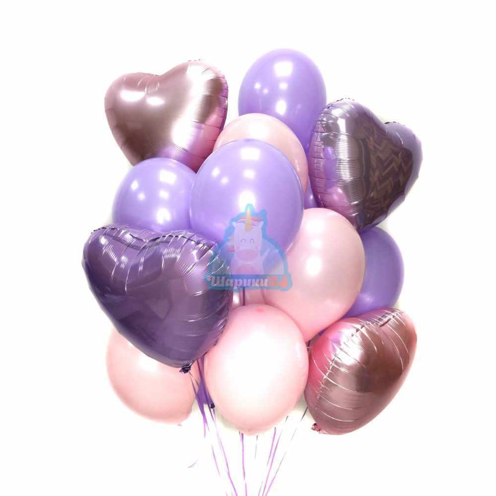 Композиция из воздушных розовых и сиреневых шаров с сердцами для девушки