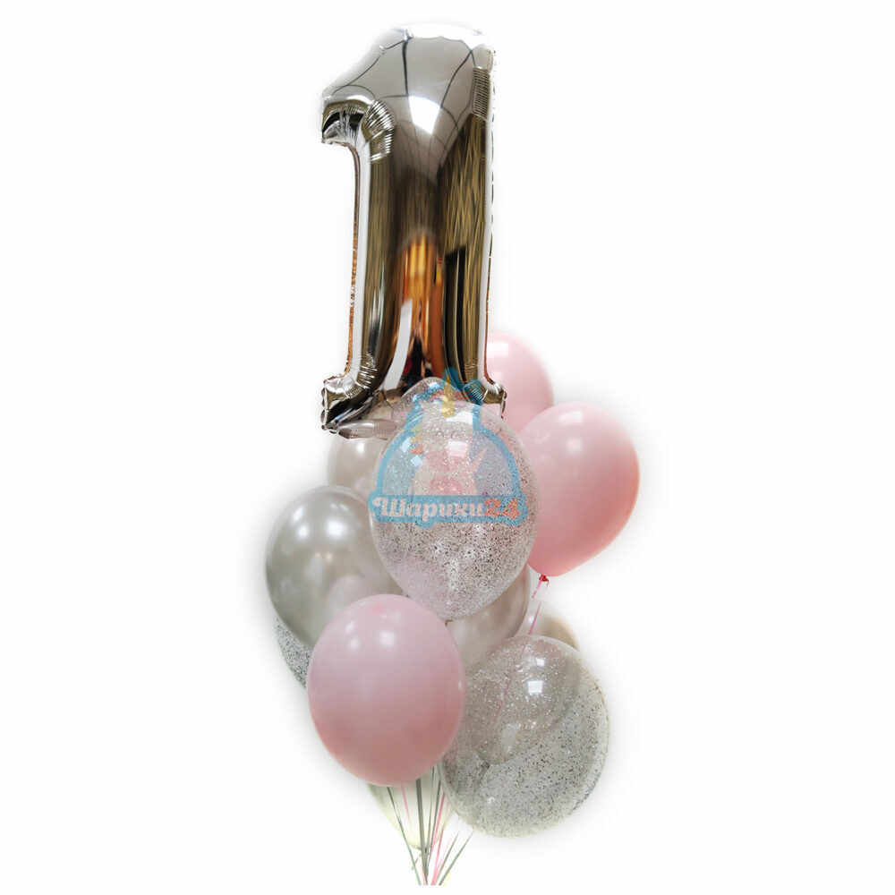 Композиция из серебряных, розовых и прозрачных шаров с серебряными блестками с цифрой