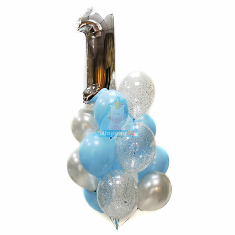 Композиция из серебряных, голубых и прозрачных шаров с серебряными блестками с цифрой
