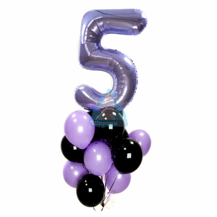 Композиция из черных и фиолетовых шаров с сиреневой цифрой