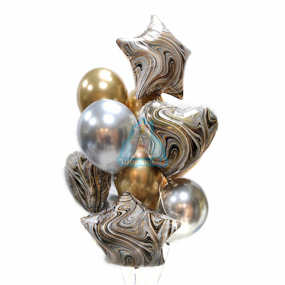Композиция из серебряных и золотых хромированных шаров со звездами