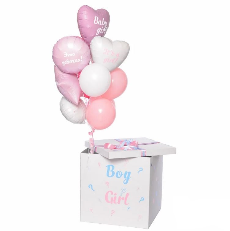 Композиция бело-розовых шаров для девочки в белой коробке