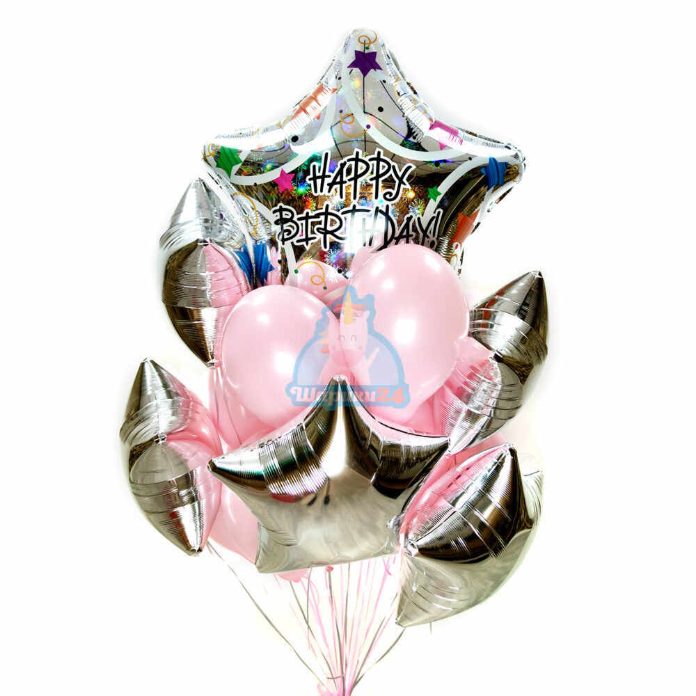 Композиция из гелиевых розовых шаров на день рождения со звездами и большой звездой Happy Birthday!