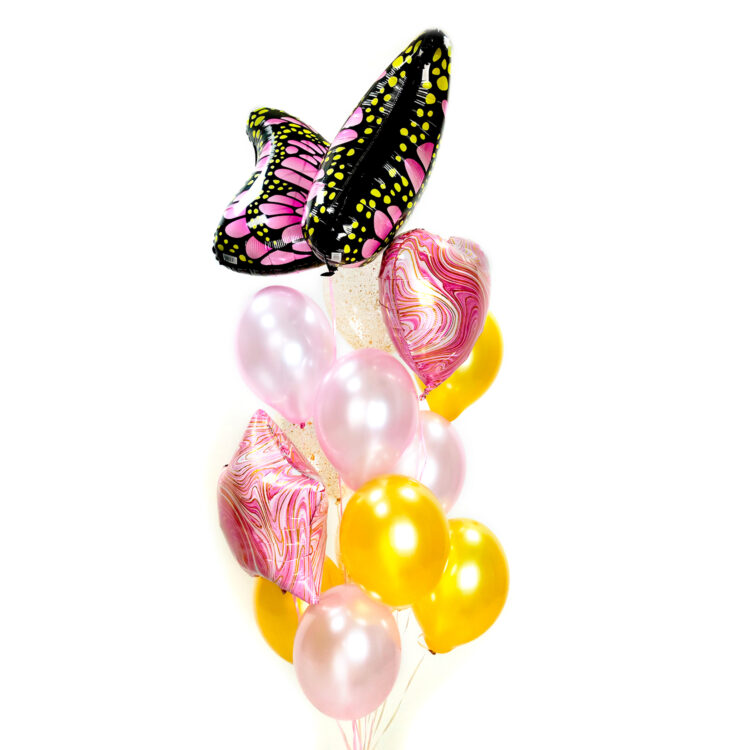 Композиция из розовых и золотых шаров с бабочкой