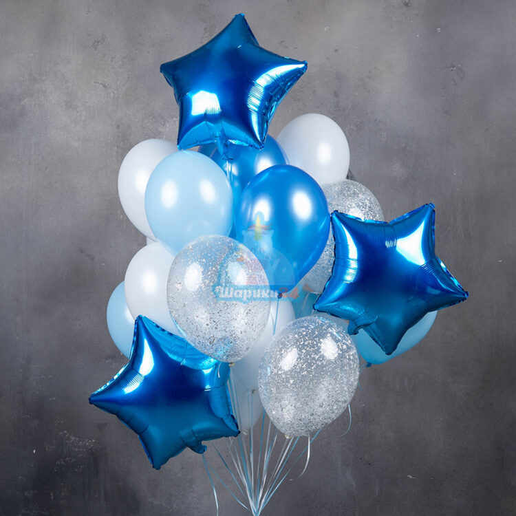 Композиция бело-синих шаров со звездами и прозрачными шарами с серебряными блестками