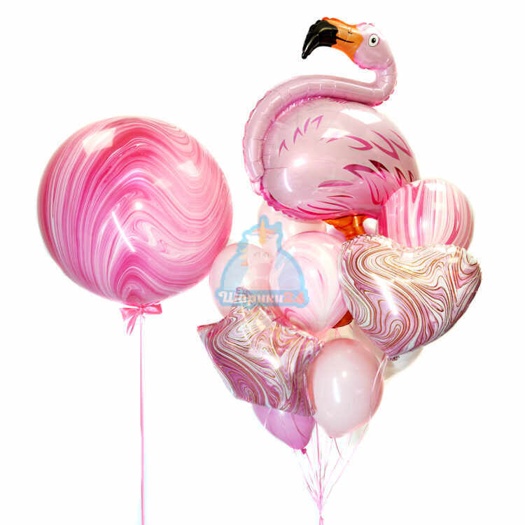 Композиция из шаров с фламинго и большим розовым агатом