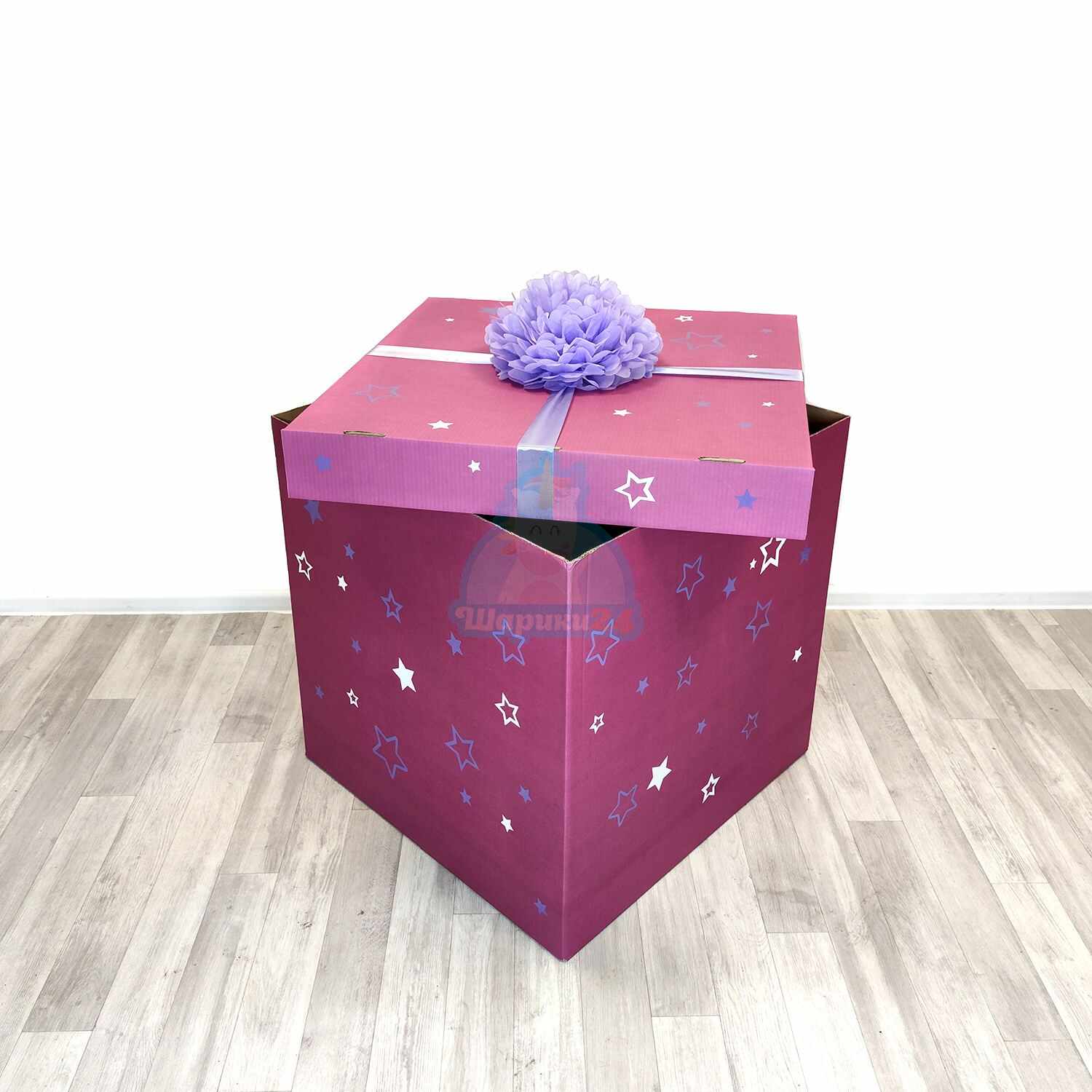 Большой коробок для шаров. Коробка 70*70 фуксия. Розовая коробка для шаров. Фиолетовая коробка для шаров. Фиолетовая коробка с шарами.