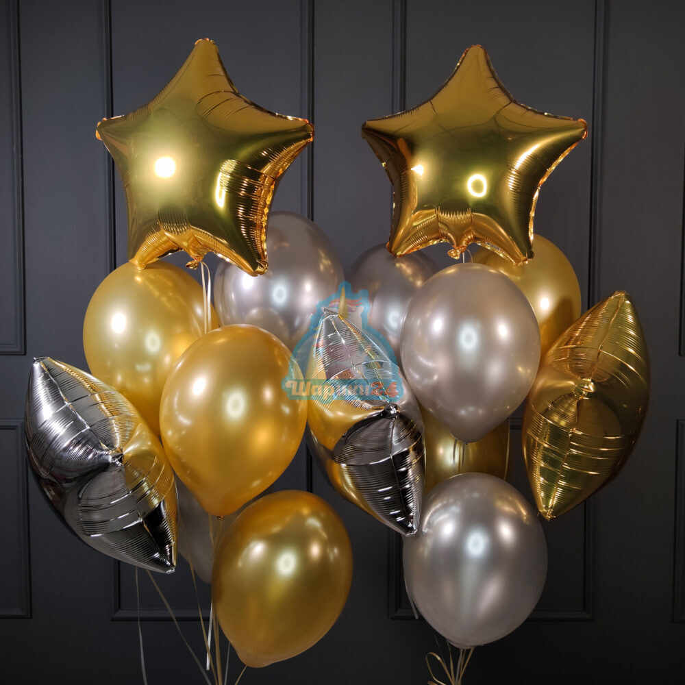 Композиция из серебряных и золотых шариков со звездами на день рождения для мужчины