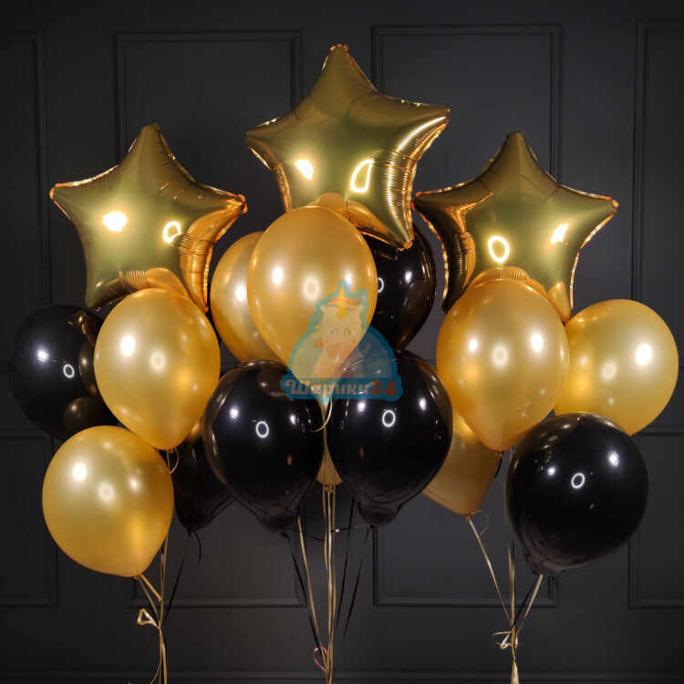 Композиция из черных и золотых шариков со звездами на день рождения мужчине