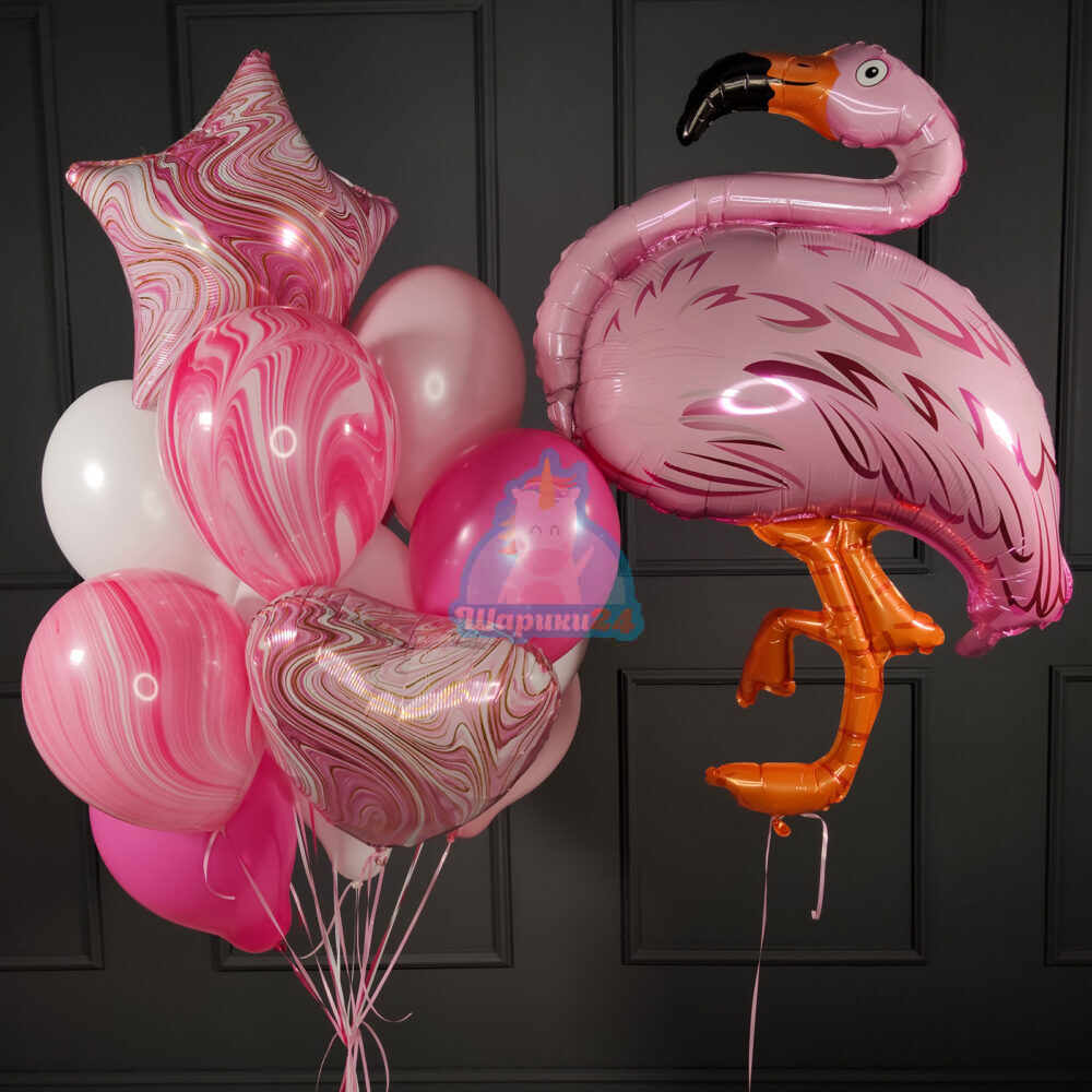 Композиция из розовых шаров с агатами и Фламинго