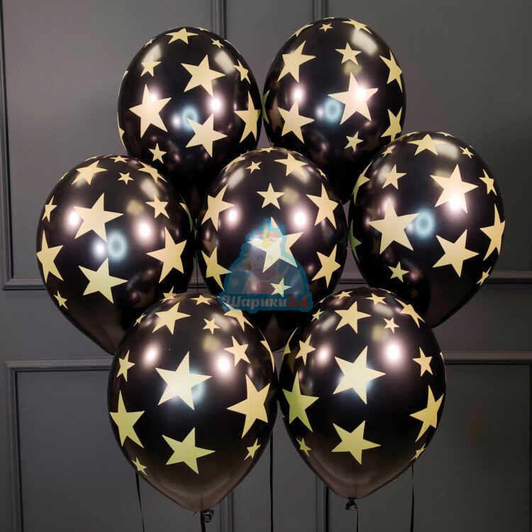 Облако черных шариков с золотыми звездами на день рождения мужчине