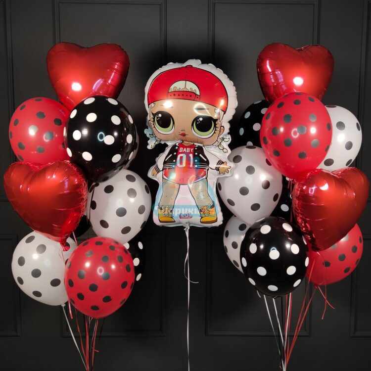 Композиция из шаров в точку с куклой ЛОЛ (LOL) Модная подружка с красным сердцем