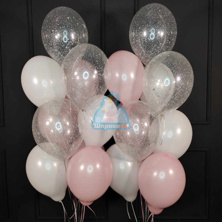Облако бело-розовых и прозрачных шаров с серебряными блёстками на 8 марта