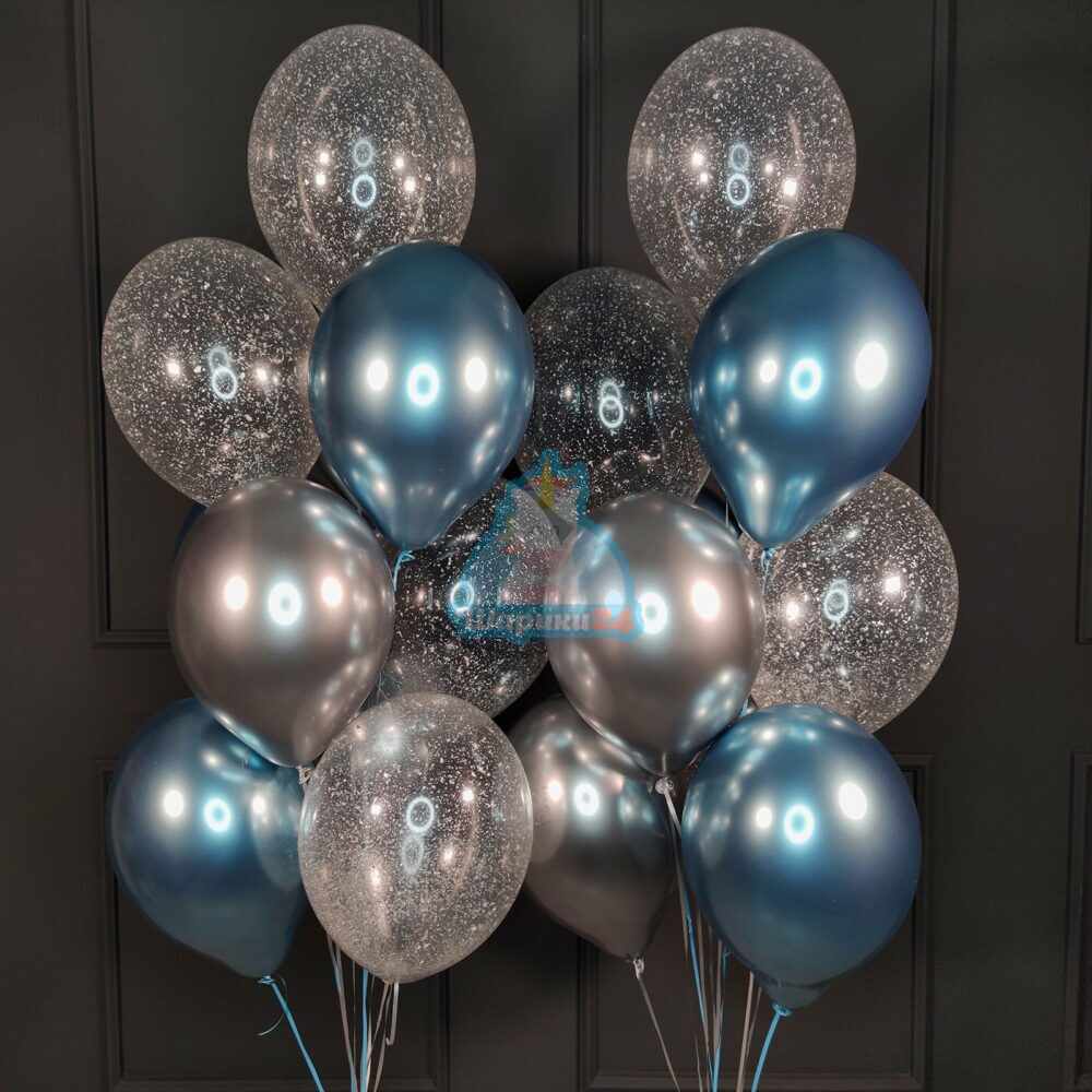 Композиция синих и серебряных шаров хром и прозрачных шариков с блестками