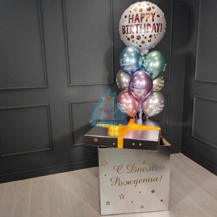 Хромированные шарики С днем рождения с большим кругом в серебряной коробке