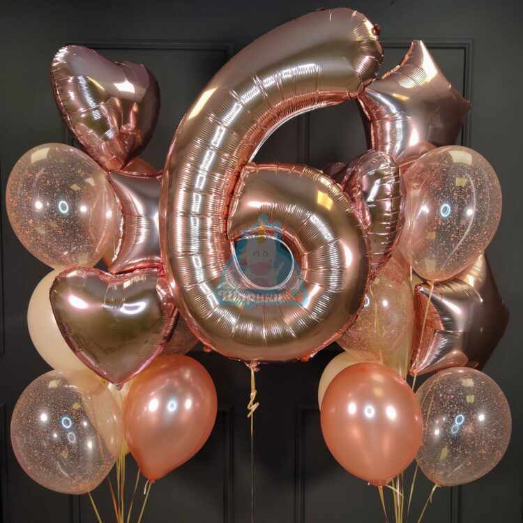 Воздушные шарики на День рождения с цифрой, звездами и сердцами розовое золото