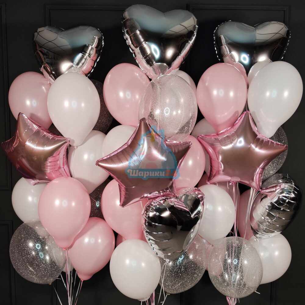 Композиция из шаров с серебряными сердцами и розовыми звездами