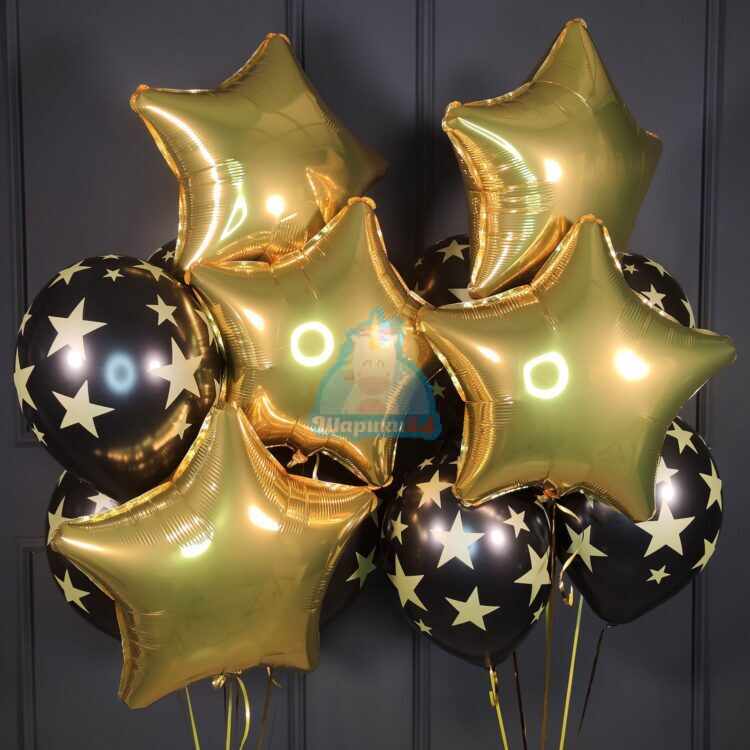 Композиция с золотыми звездами и черными шарами со звездами на день рождения мужчине