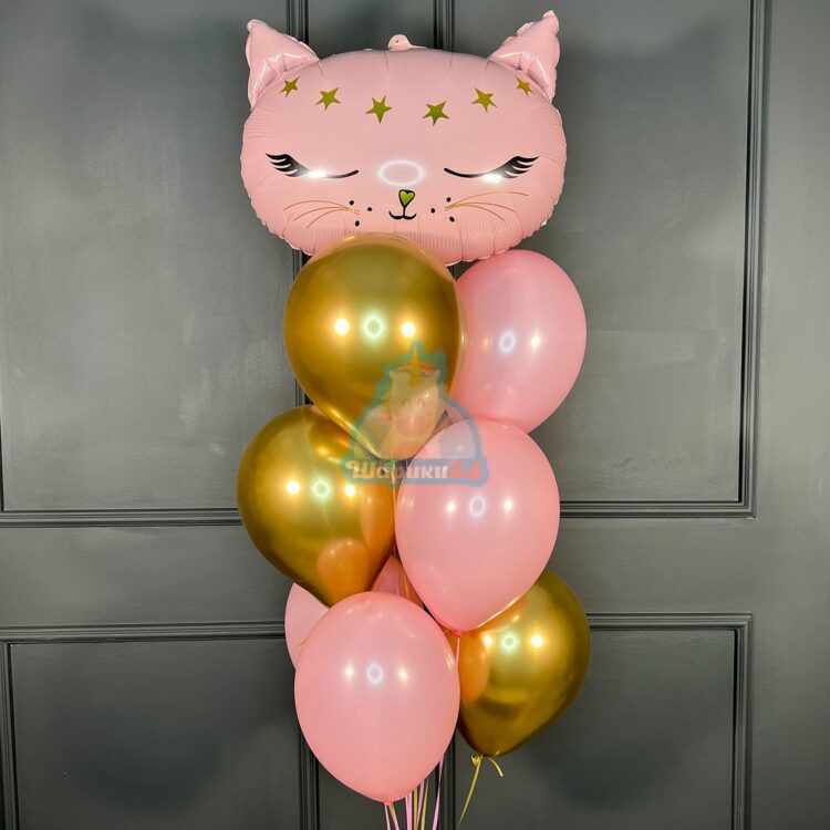 Композиция из розовых и золотых шаров с головой кота и цифрой