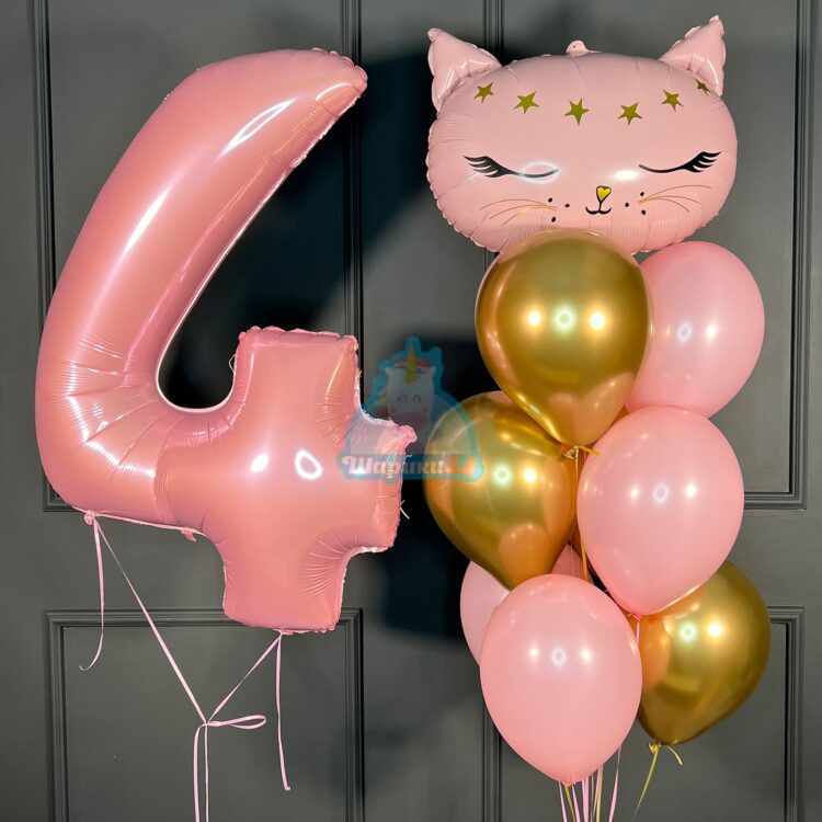 Композиция из розовых и золотых шаров с головой кота и цифрой