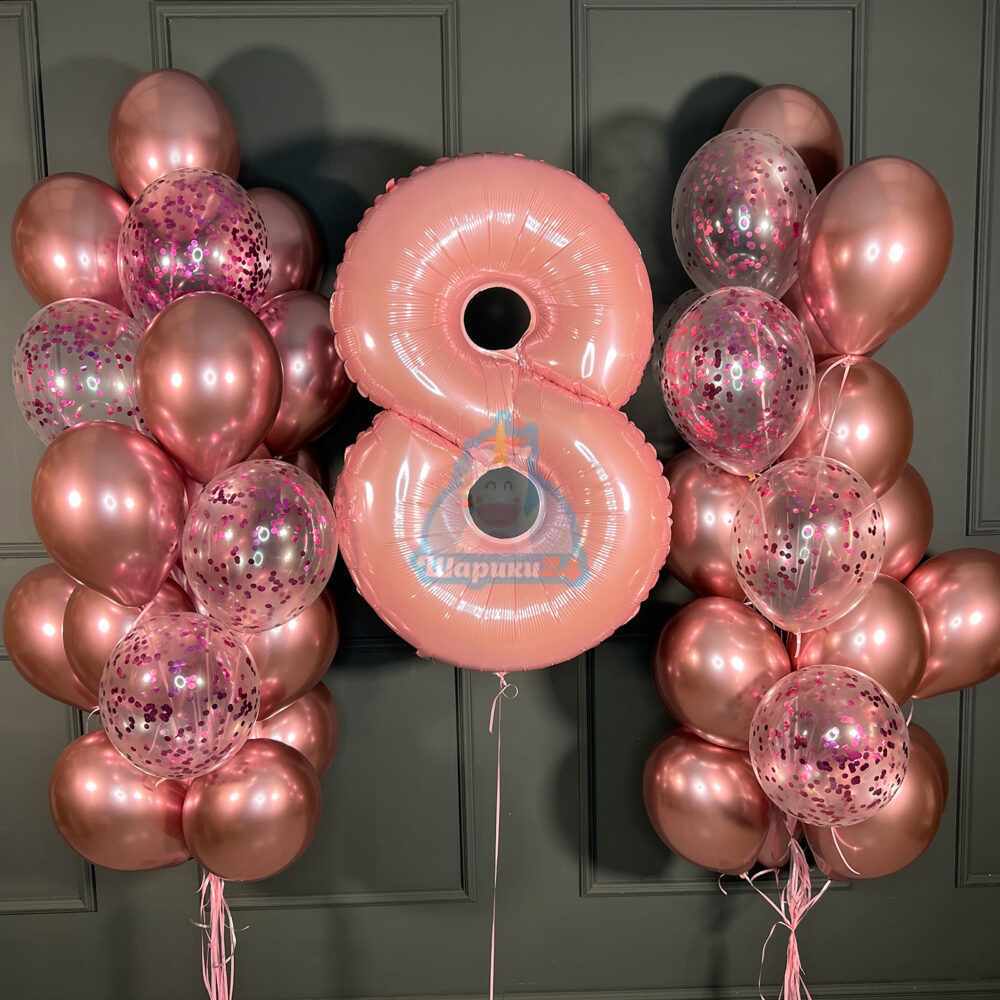 Композиция из шаров розовый хром и прозрачных с розовыми конфетти с розовой цифрой