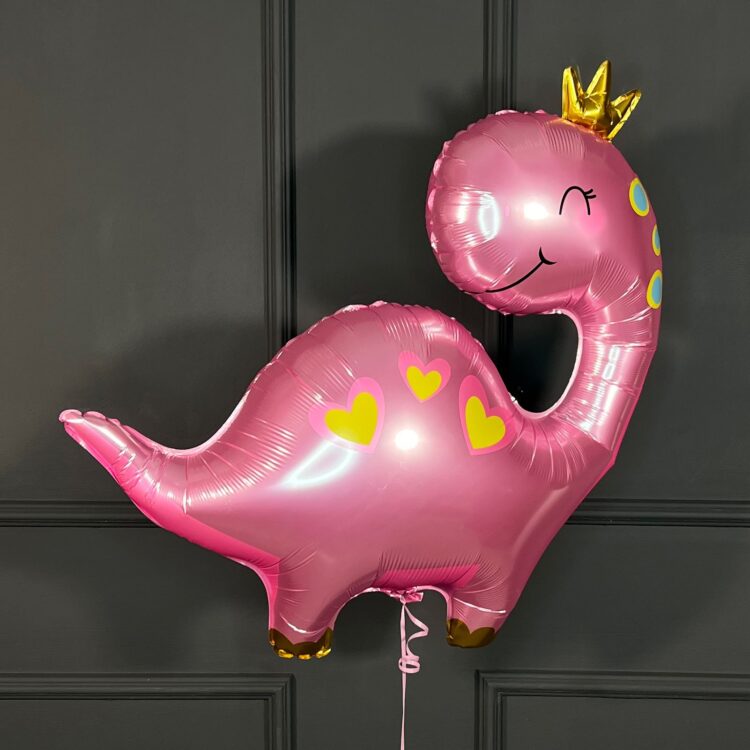 Композиция из розовых шаров с розовым динозавриком и цифрой